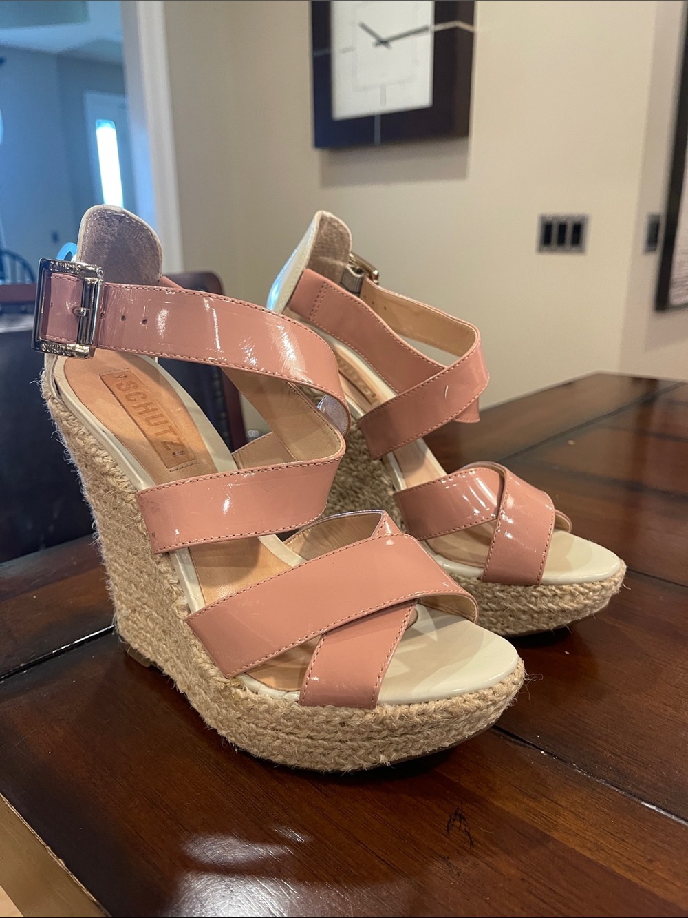 SCHUTZ Blush Patent Leather Espadrille Wedge Sandals size 8